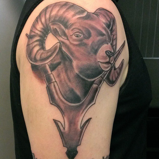 手臂3D风格彩色的山羊头纹身图案
