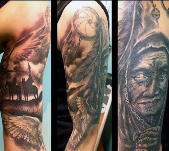 手臂描绘黑白美式印度捕梦网和人像纹身图案