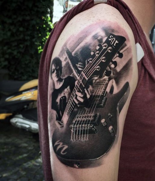 3D非常逼真的黑白现代吉他手臂纹身图案