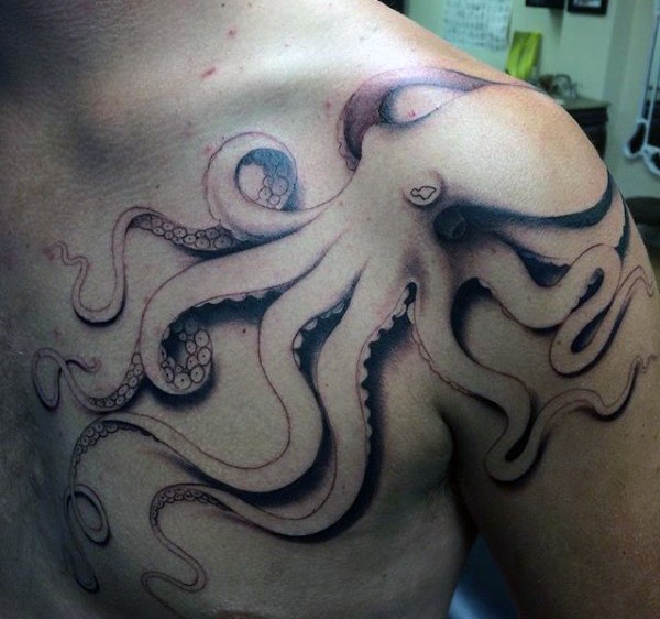 肩部3D无色的大章鱼纹身图案