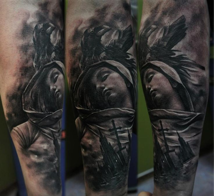 黑灰风格女人与教堂手臂纹身图案
