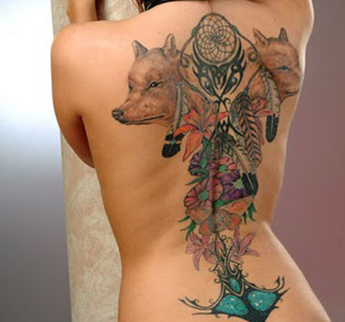 背部北美土著风格的狼头花朵彩色纹身图案