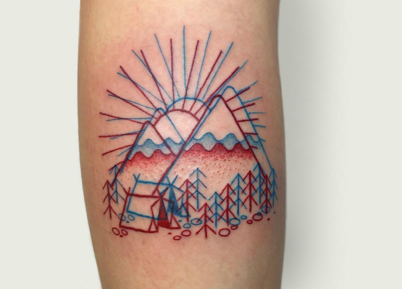 红色和蓝色的3D彩色山地森林纹身图案