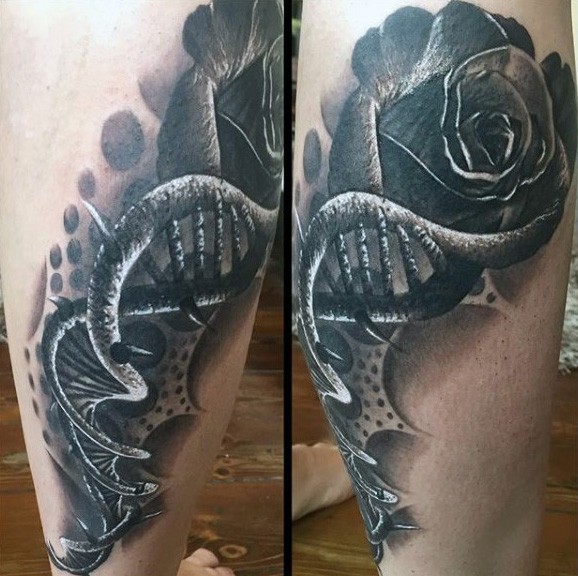 小腿3D黑色玫瑰与DNA符号纹身图案