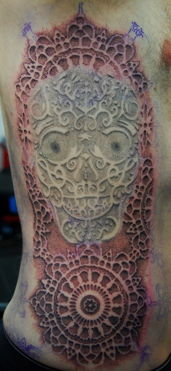 腰部部落风格3D墨西哥骷髅纹身图案