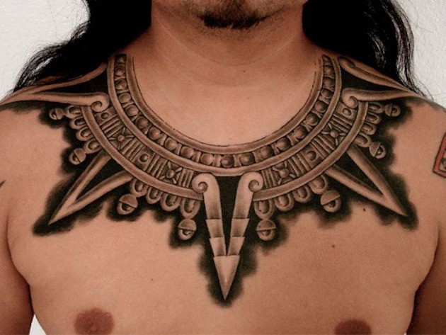 颈部3D风格黑白部落项链纹身图案