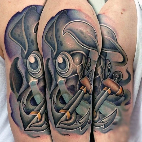 手臂3D五彩的小鱿鱼和船锚纹身图案