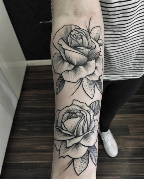 手臂3D黑白点刺线条各种玫瑰花纹身图案