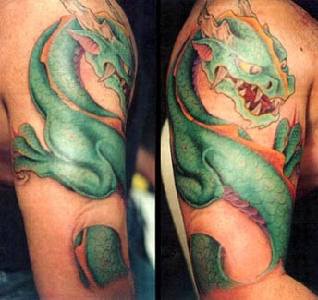 手臂3D绿色的蜥蜴龙纹身图案