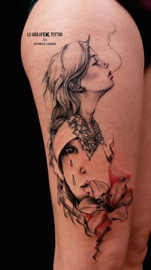 大腿惊人的抽象风格彩色吸烟女性纹身图案