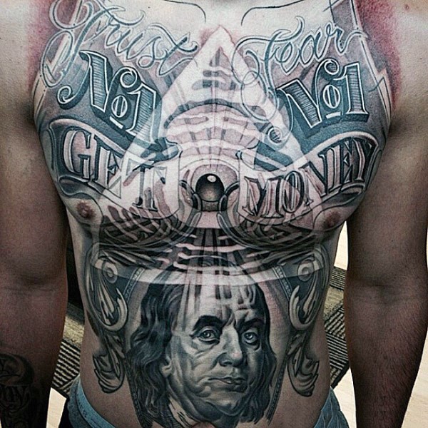 胸部和腹部美国金钱为主题纹身图案