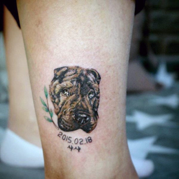 脚踝可爱的写实狗肖像彩色纪念纹身图案