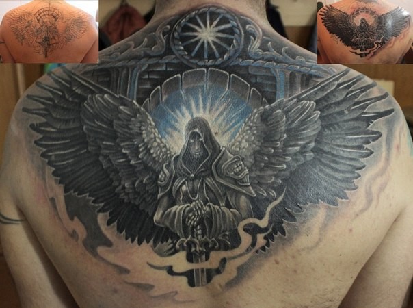 彩色幻想风格的天使战士背部纹身图案