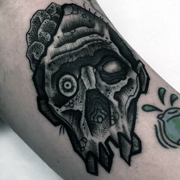 雕刻风格黑色的僵尸骷髅手臂纹身图案