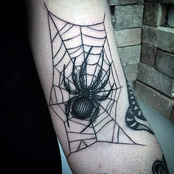 手臂中等大小的蜘蛛网黑色纹身图案
