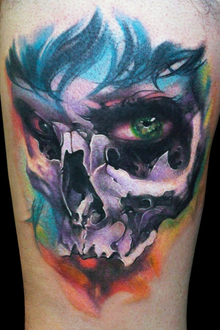 手臂神奇的水彩女人骷髅纹身图案