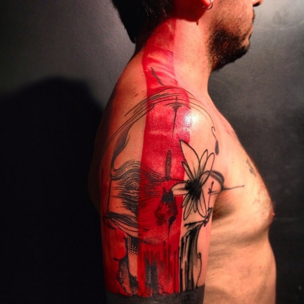 肩部抽象风格彩色神秘骷髅与花朵纹身图案