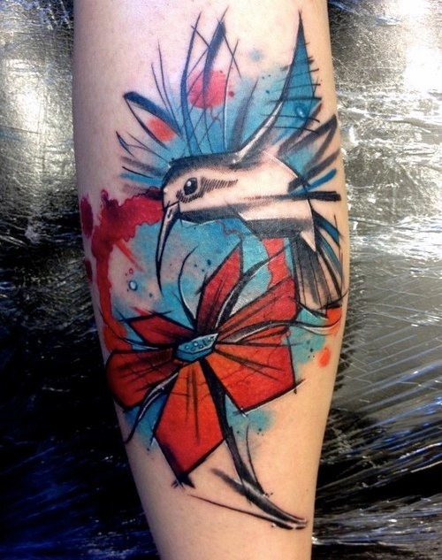 小鸟与花朵彩色手臂纹身图案