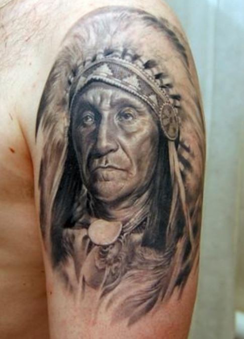 北美土著老战士肖像大臂纹身图案