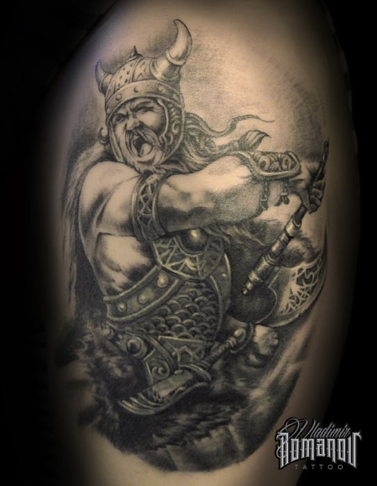 大臂3D黑白战斗维京战士纹身图案