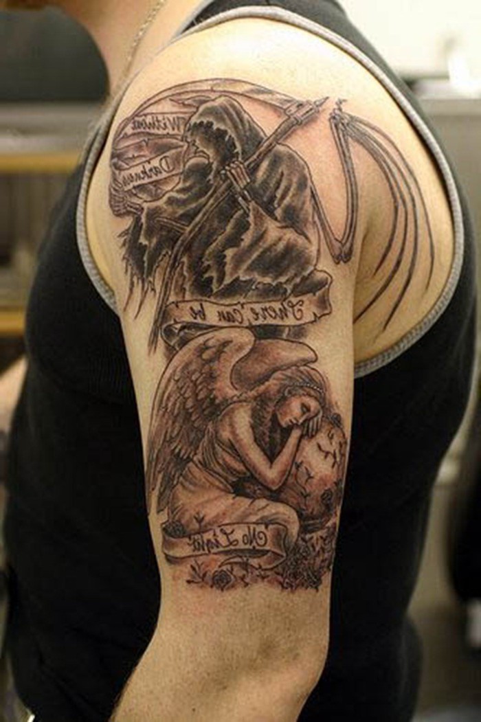 天使和恶魔字母手臂纹身图案