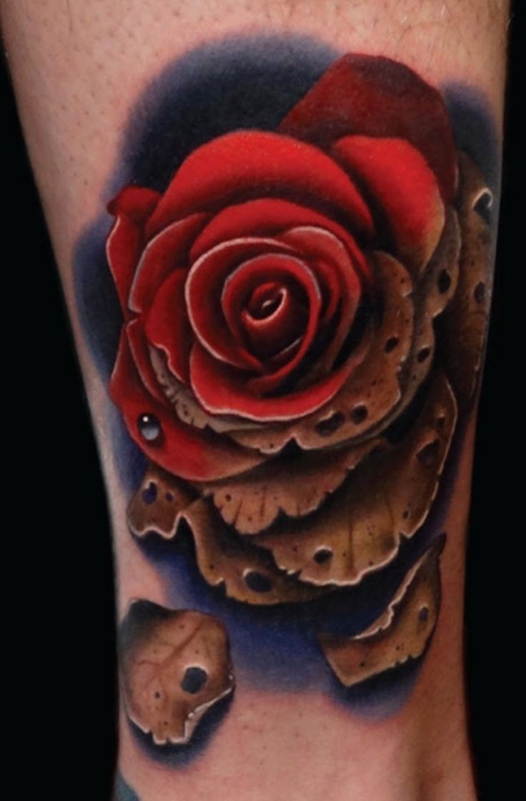 脚踝的玫瑰和枯萎花瓣彩色纹身图案