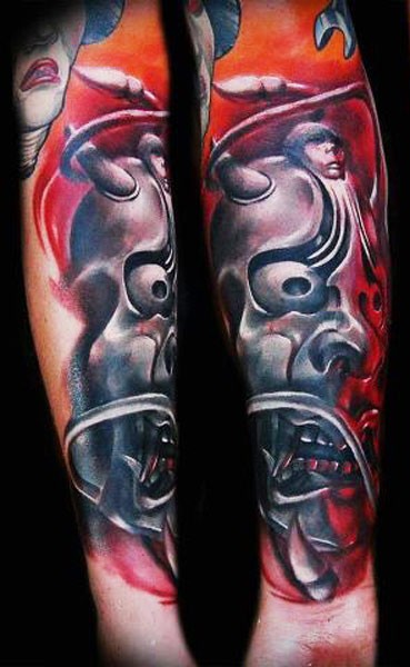 新日式彩色恶魔面具手臂纹身图案