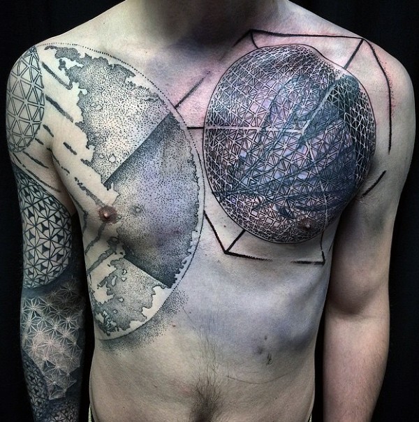 胸部华丽的3D几何图形纹身图案