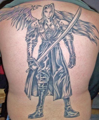 背部漫画风格男性天使和剑纹身图案