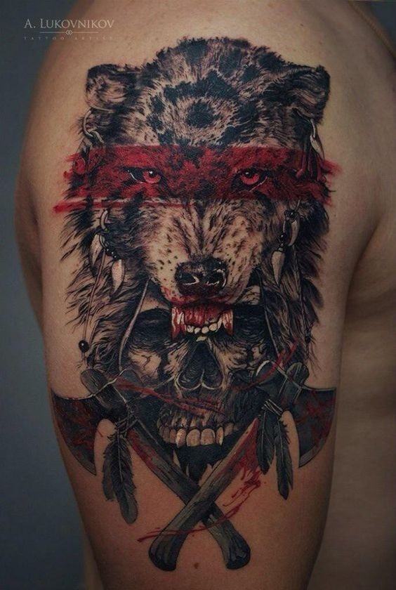 大臂奇妙多彩的3D印度狼和骷髅纹身图案