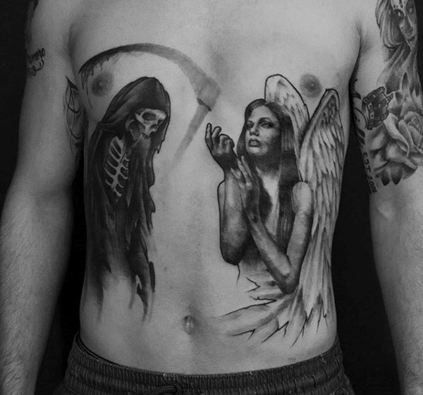 腹部神秘的黑色祈祷天使和死神纹身图案