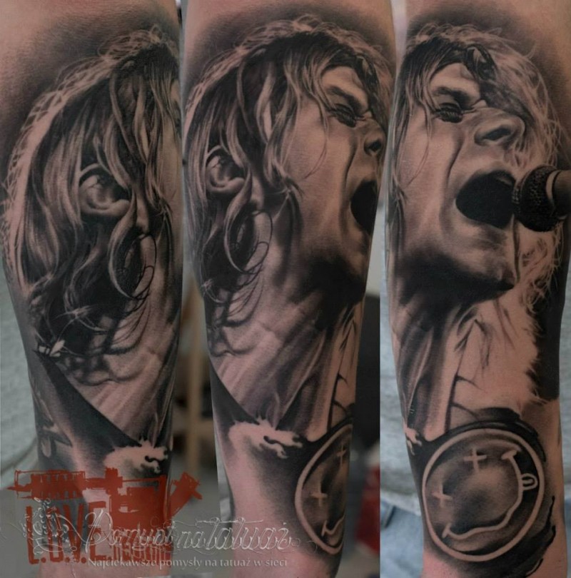 手臂歌手科特柯本3D写实肖像纹身图案