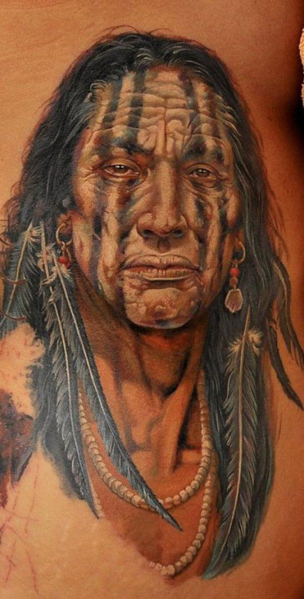 写实多彩的美洲土著肖像纹身图案