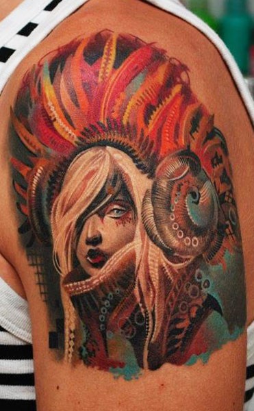 彩色的原住民女孩纹身图案