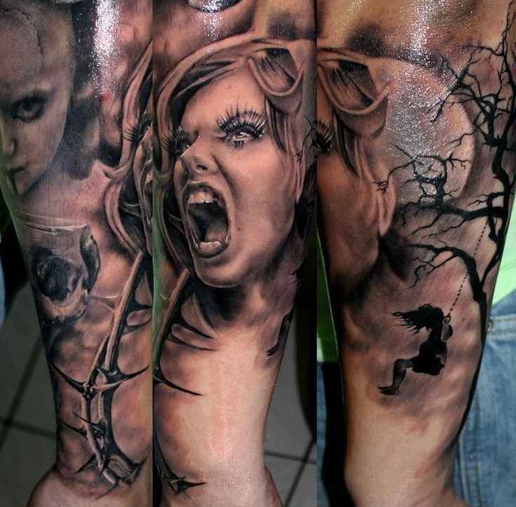 令人毛骨悚然的尖叫女人与黑暗树手臂纹身图案