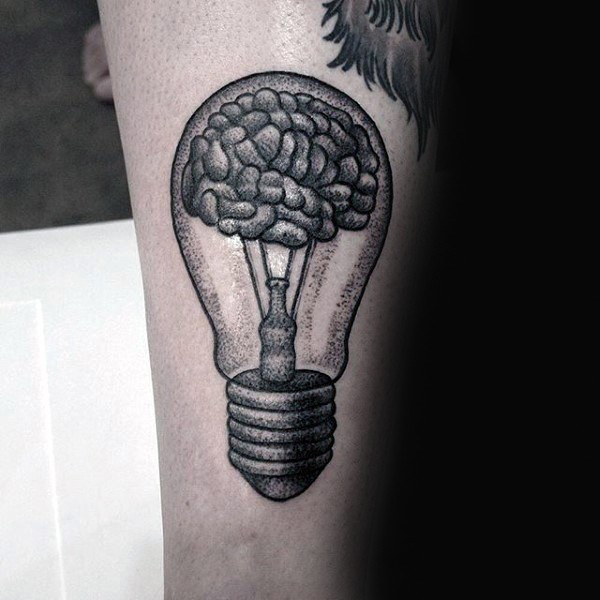 点刺风格黑色的人脑和灯泡手臂纹身图案
