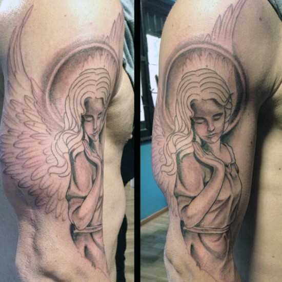 手臂美丽好看的黑白天使纹身图案