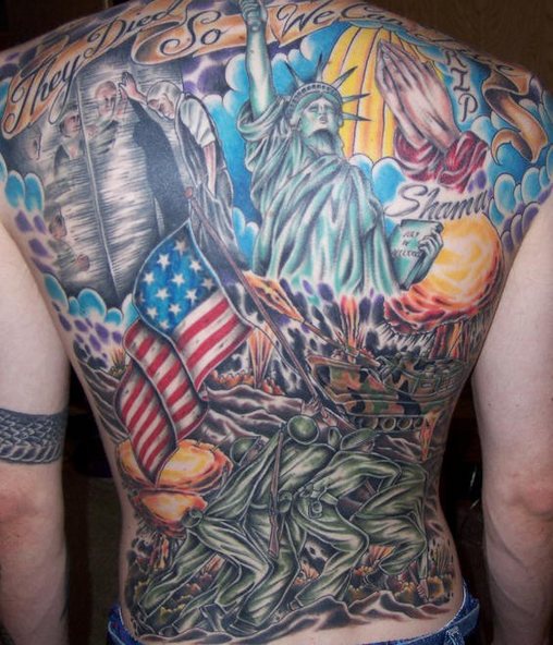 美国爱国主题彩色满背纹身图案