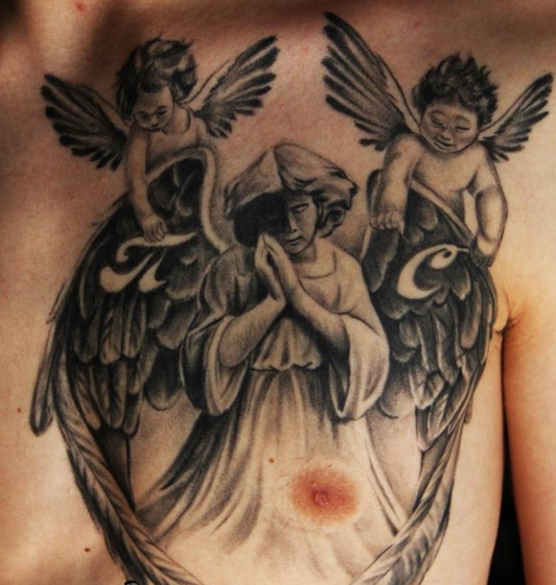胸部大天使和小天使祈祷纹身胸图案