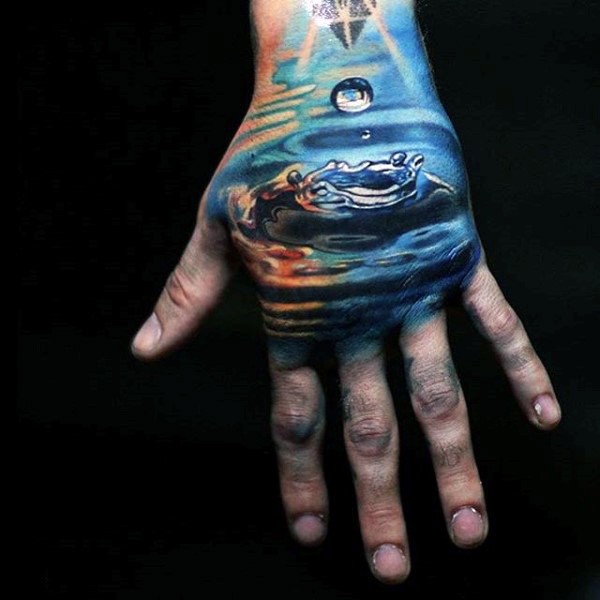 手背3D惊人的彩色大水滴纹身图案