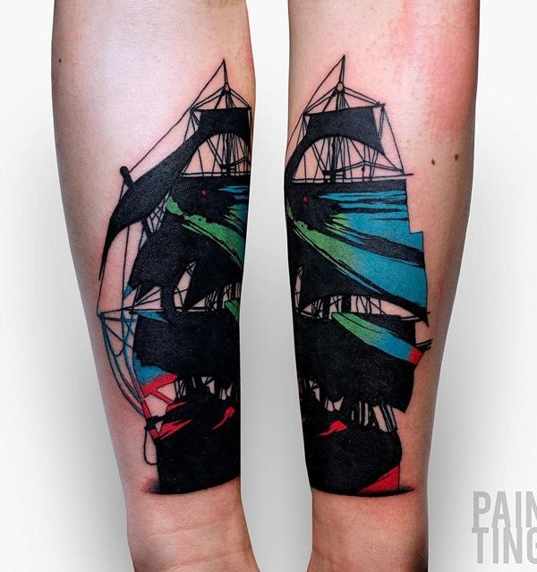 大帆船彩色精美臂纹身图案
