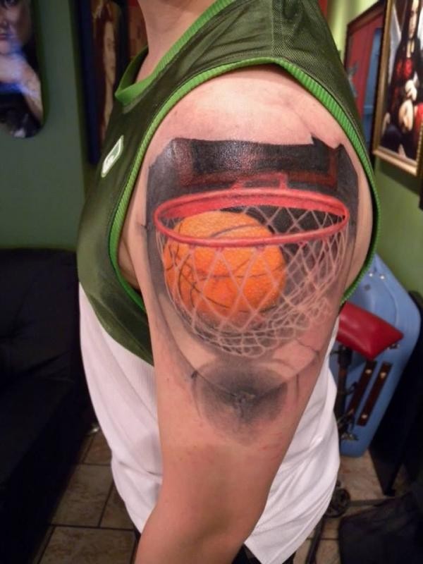 手臂3D风格的彩色逼真篮球纹身图案