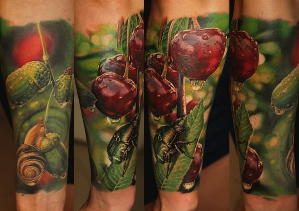 写实风格彩色华丽的樱桃手臂纹身图案