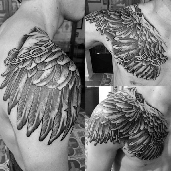 肩部3D黑灰鹰翅膀纹身图案