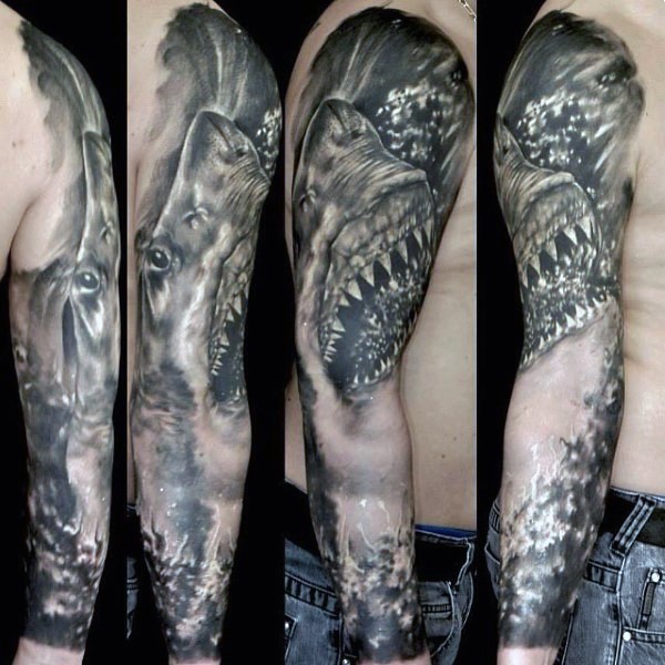 手臂3D风格黑白邪恶的鲨鱼纹身图案