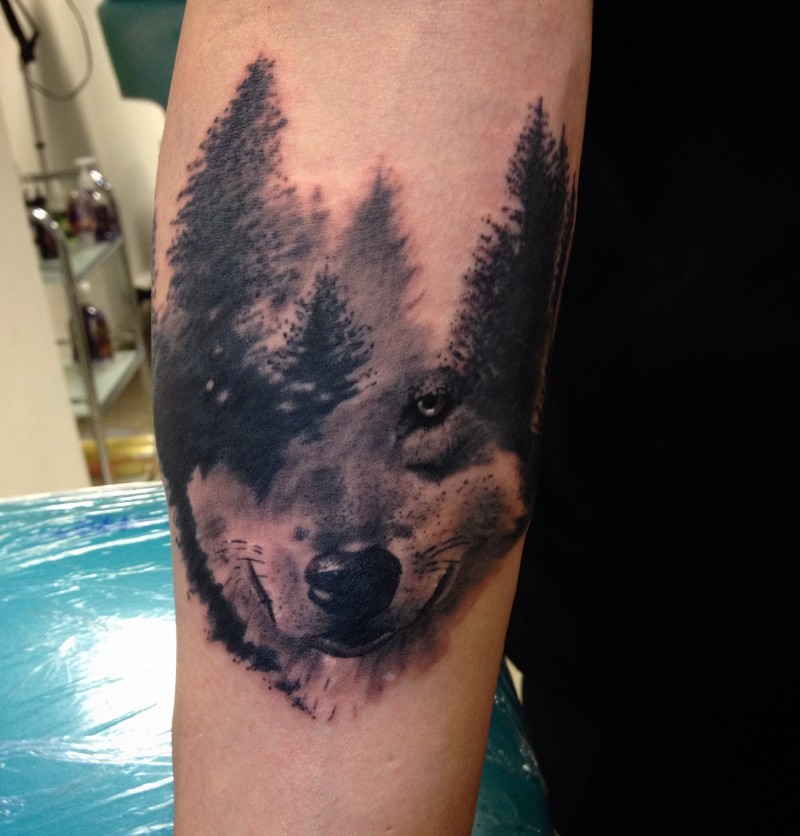 手臂抽象风格黑色的森林狼纹身图案