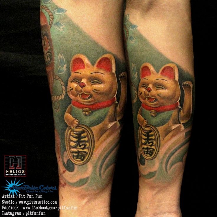 奇妙的逼真日本招财猫手臂纹身图案
