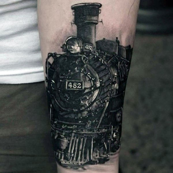 非常逼真的蒸汽火车手臂纹身图案