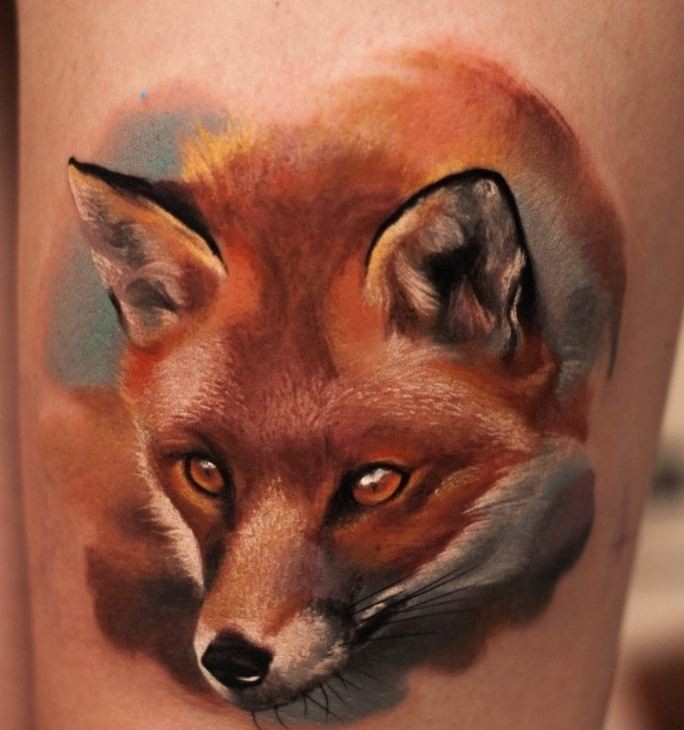奇妙的水彩狐狸头像纹身图案