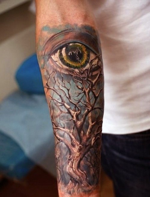 手臂3D彩色孤独的树和眼睛纹身图案